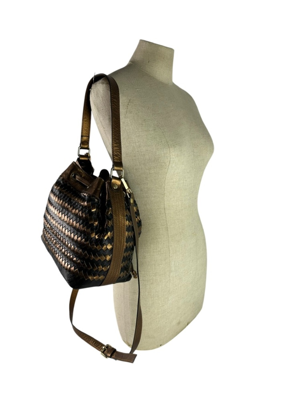 Vintage Woven leather Black & Metallic Bronze Leather Drawstring Bucket Bag